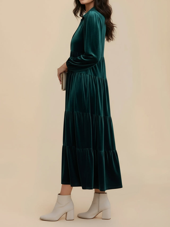 Elegant Velvet Midi Dress for Women with Collar Long Sleeve Tiered Flowing Fall Wedding Guest Style