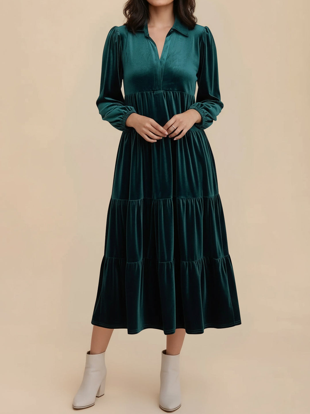 Elegant Velvet Midi Dress for Women with Collar Long Sleeve Tiered Flowing Fall Wedding Guest Style
