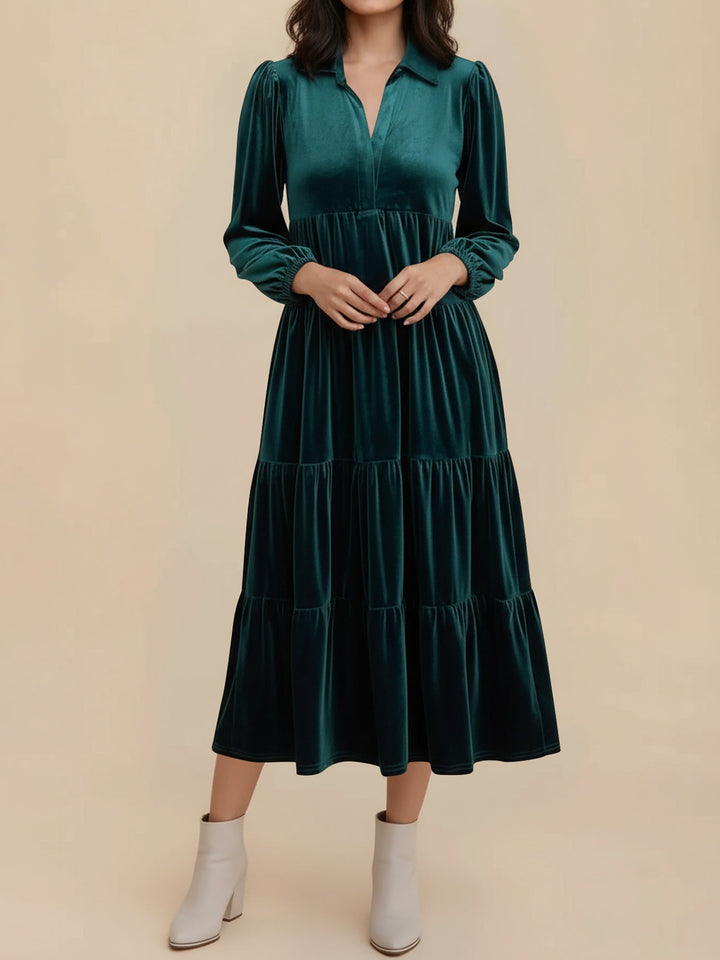 Elegant Velvet Midi Dress for Women with Collar Long Sleeve Tiered Flowing Fall Wedding Guest Style