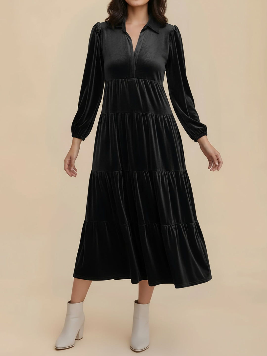 Elegant Velvet Midi Dress for Women with Collar Long Sleeve Tiered Flowing Fall Wedding Guest Style