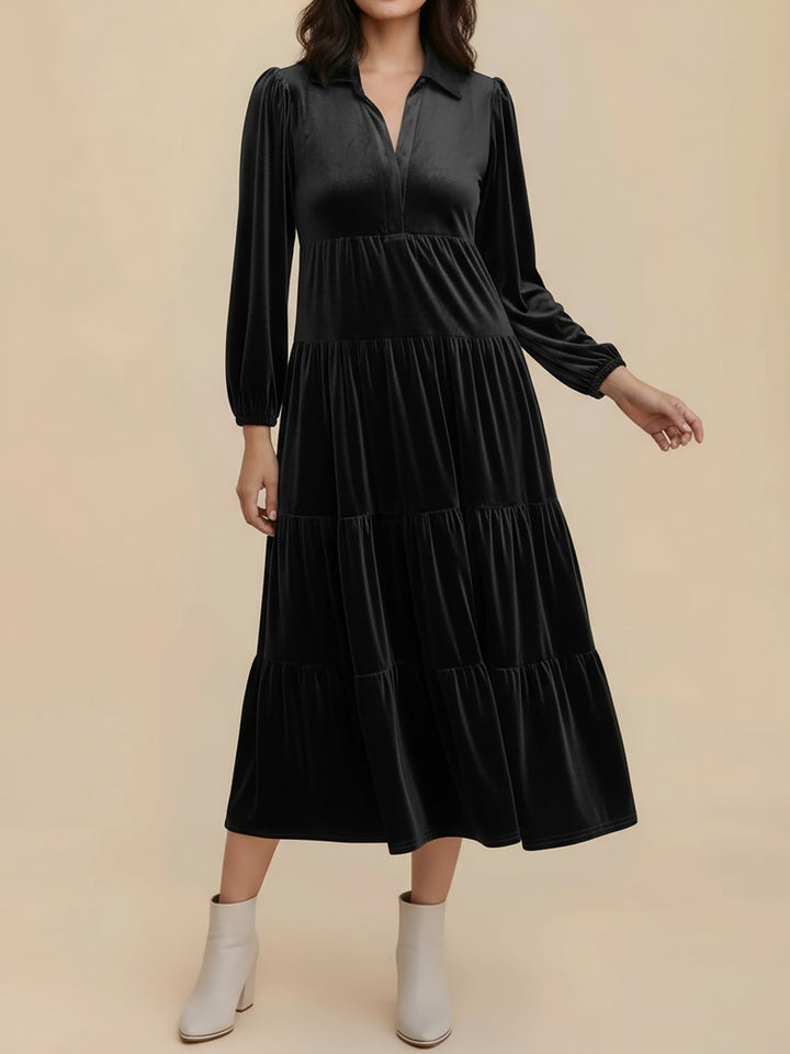 Elegant Velvet Midi Dress for Women with Collar Long Sleeve Tiered Flowing Fall Wedding Guest Style