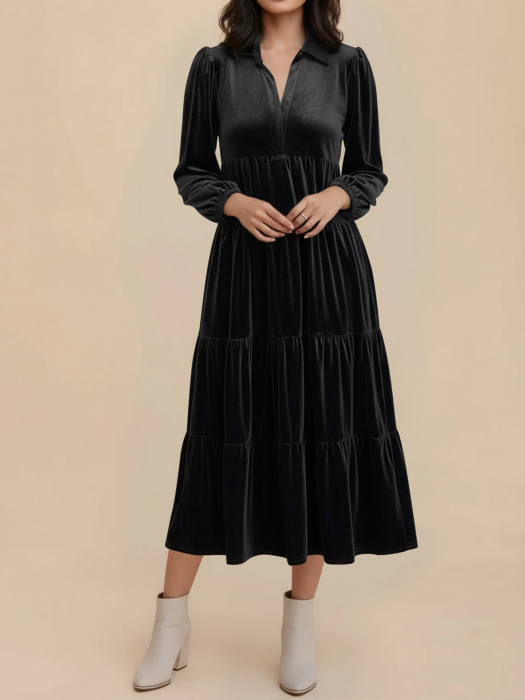 Elegant Velvet Midi Dress for Women with Collar Long Sleeve Tiered Flowing Fall Wedding Guest Style