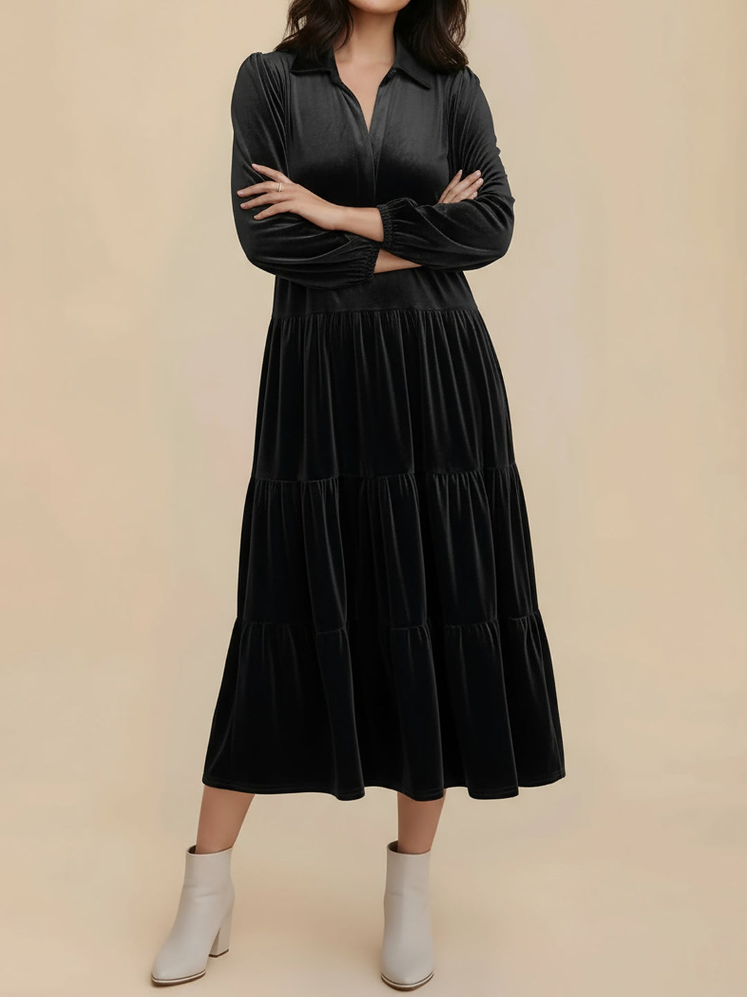 Elegant Velvet Midi Dress for Women with Collar Long Sleeve Tiered Flowing Fall Wedding Guest Style