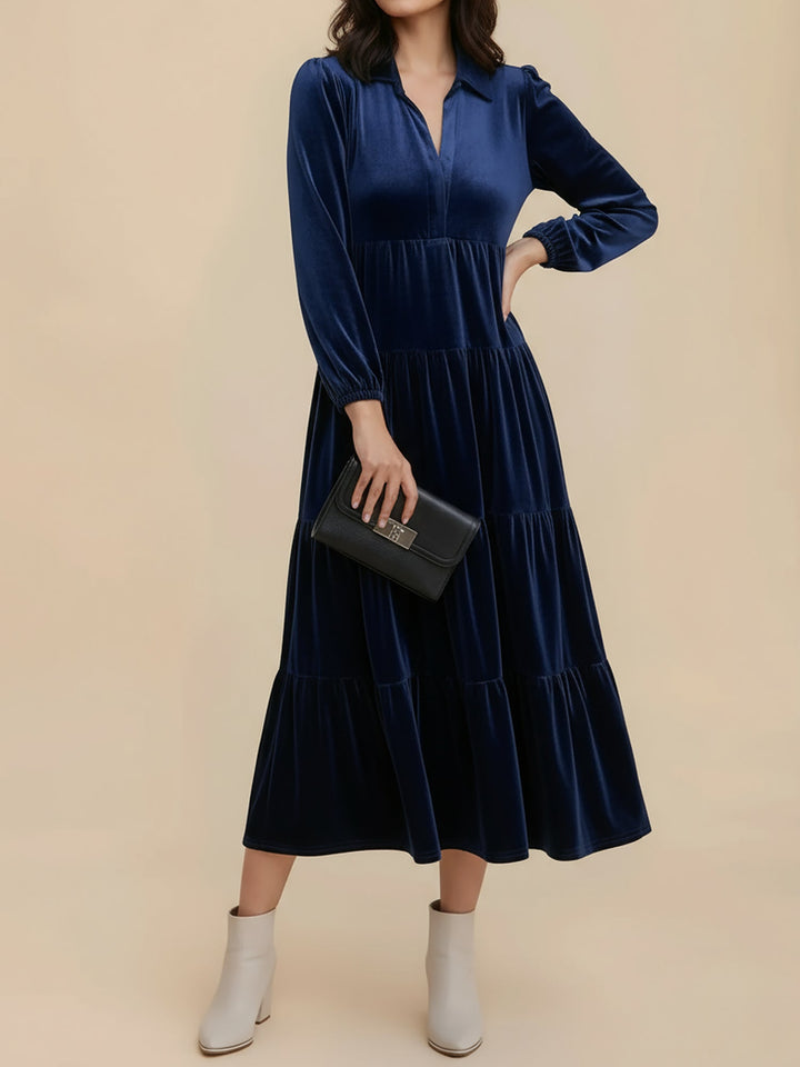 Elegant Velvet Midi Dress for Women with Collar Long Sleeve Tiered Flowing Fall Wedding Guest Style