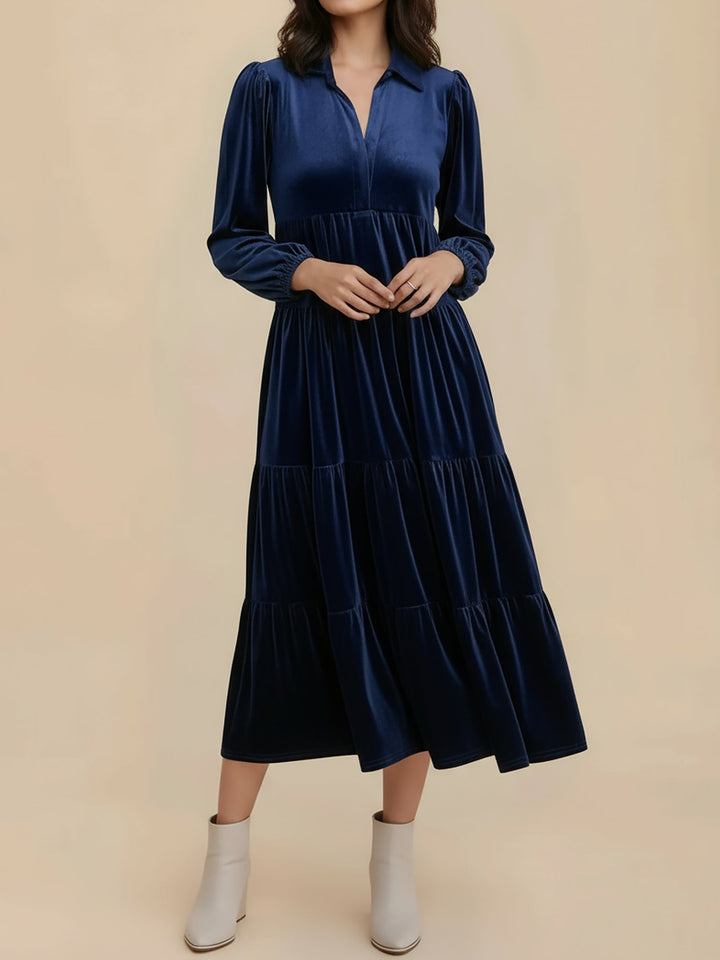 Elegant Velvet Midi Dress for Women with Collar Long Sleeve Tiered Flowing Fall Wedding Guest Style