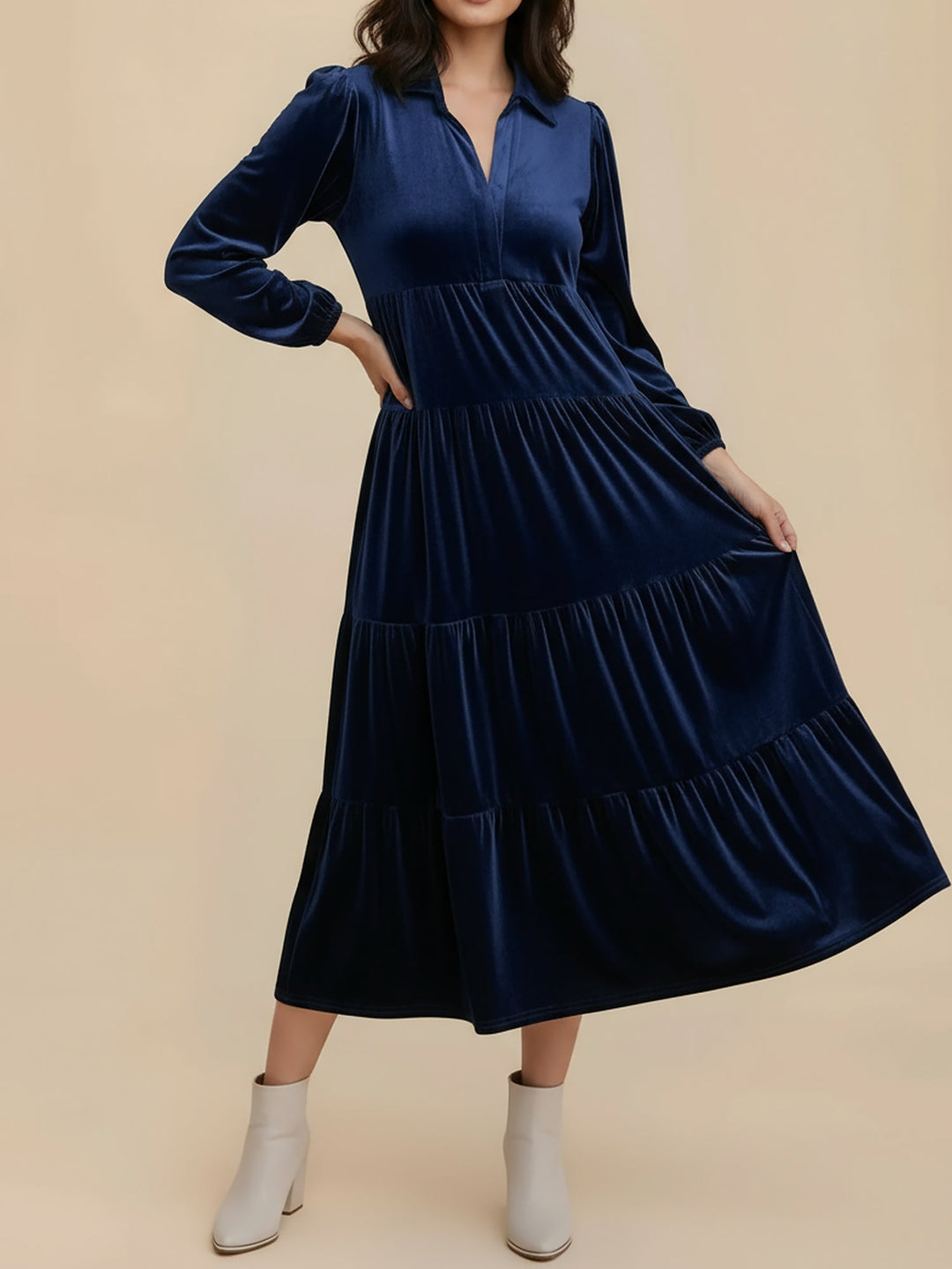 Elegant Velvet Midi Dress for Women with Collar Long Sleeve Tiered Flowing Fall Wedding Guest Style