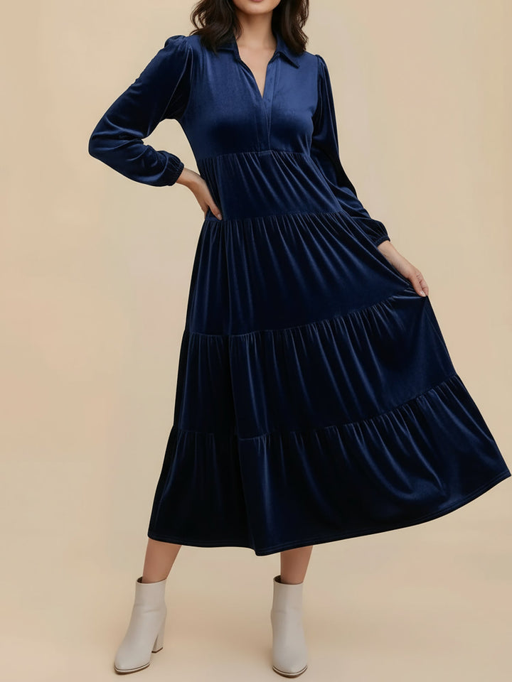 Elegant Velvet Midi Dress for Women with Collar Long Sleeve Tiered Flowing Fall Wedding Guest Style