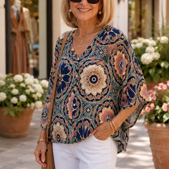 Effortless Mandala Print Poncho Blouse for Women with V Neck Batwing Sleeve Button Front Flowing Style