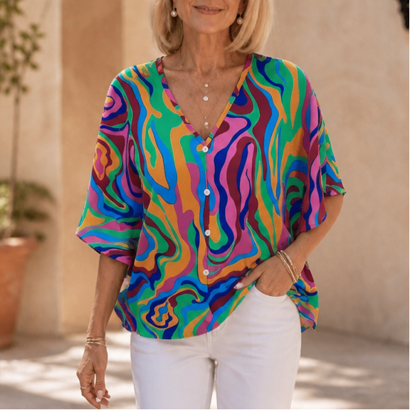 Effortless Mandala Print Poncho Blouse for Women with V Neck Batwing Sleeve Button Front Flowing Style