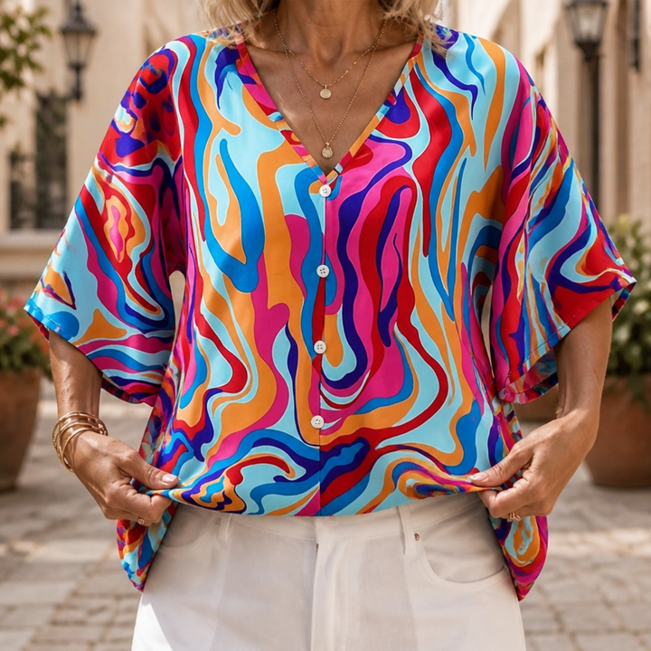 Effortless Mandala Print Poncho Blouse for Women with V Neck Batwing Sleeve Button Front Flowing Style