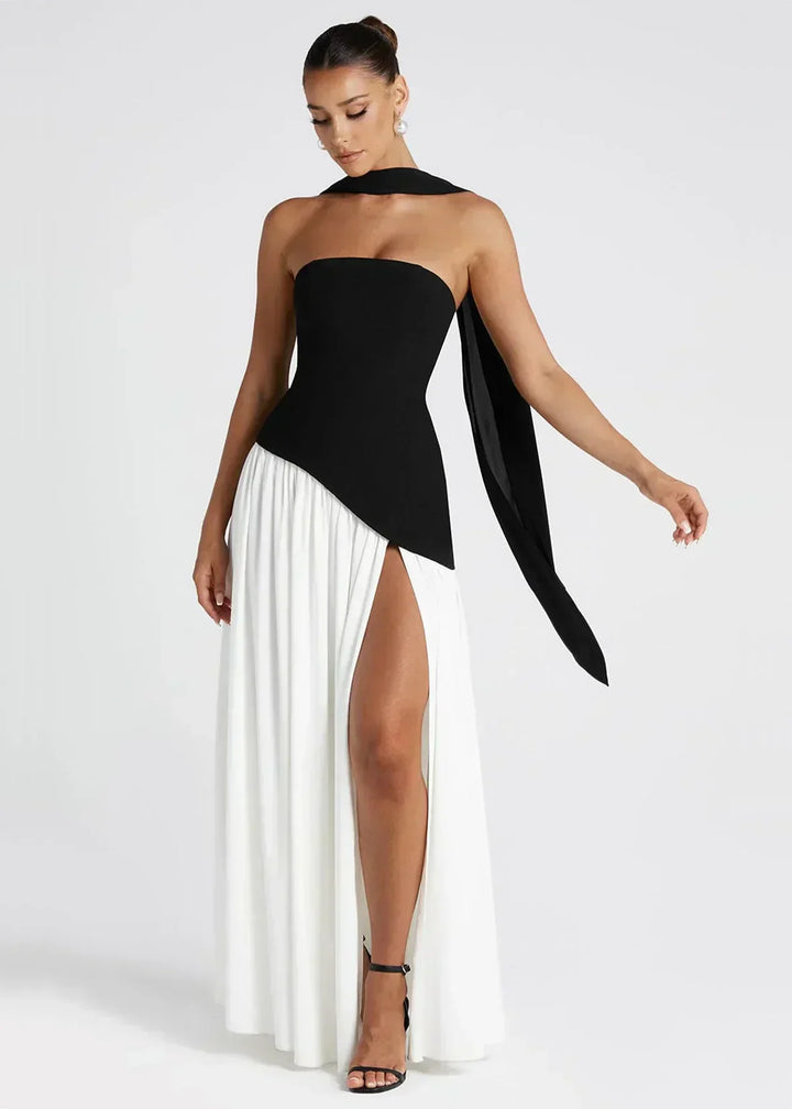 Elena – Robe longue avec épaules dénudées, fente et tour de cou