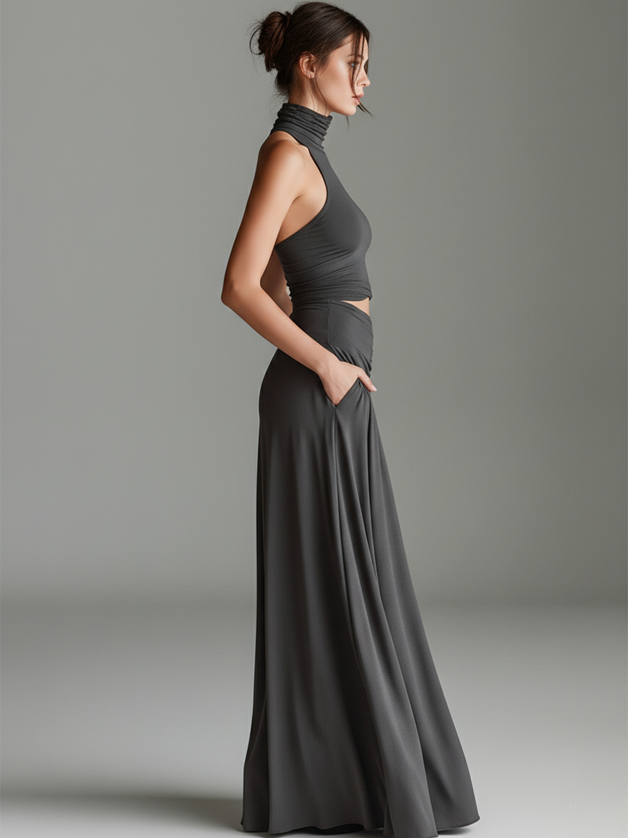 Elegant Gray Maxi Dress for Women with Turtleneck Halter Cutout Waist Ruched Skirt Sleeveless Formal Style