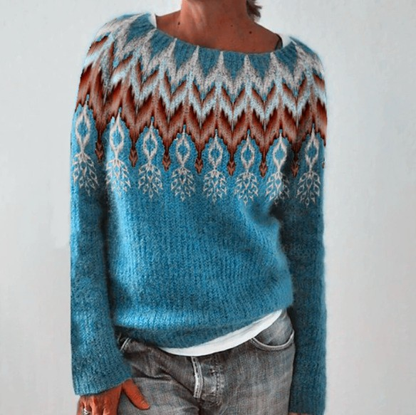 Comfortable Grey Fair Isle Sweater for Women with Crew Neck Long Sleeve Relaxed Oversized Knit Style