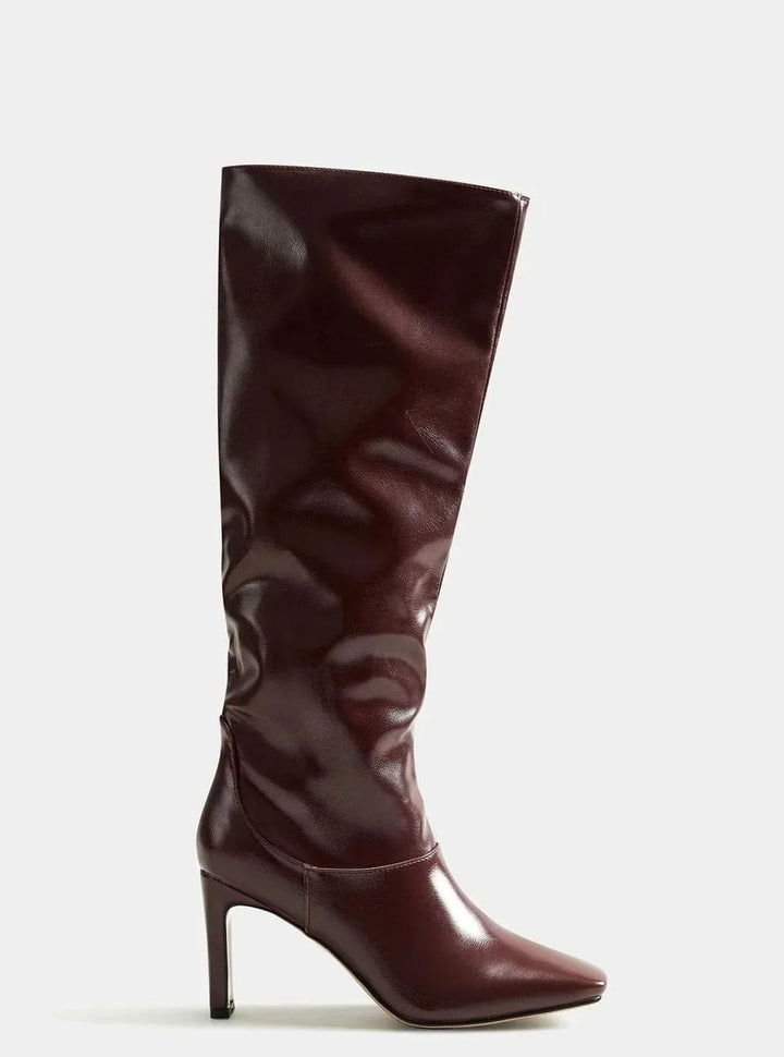 Burgundy Knee High Boots for Women – Square Toe Stiletto Heel Faux Leather Tall Boots, Fall Fashion Boots