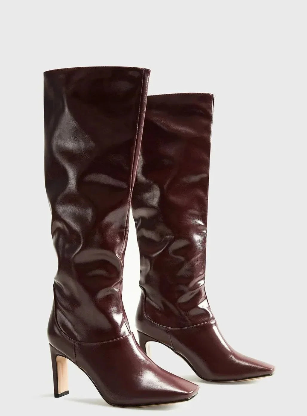 Burgundy Knee High Boots for Women – Square Toe Stiletto Heel Faux Leather Tall Boots, Fall Fashion Boots