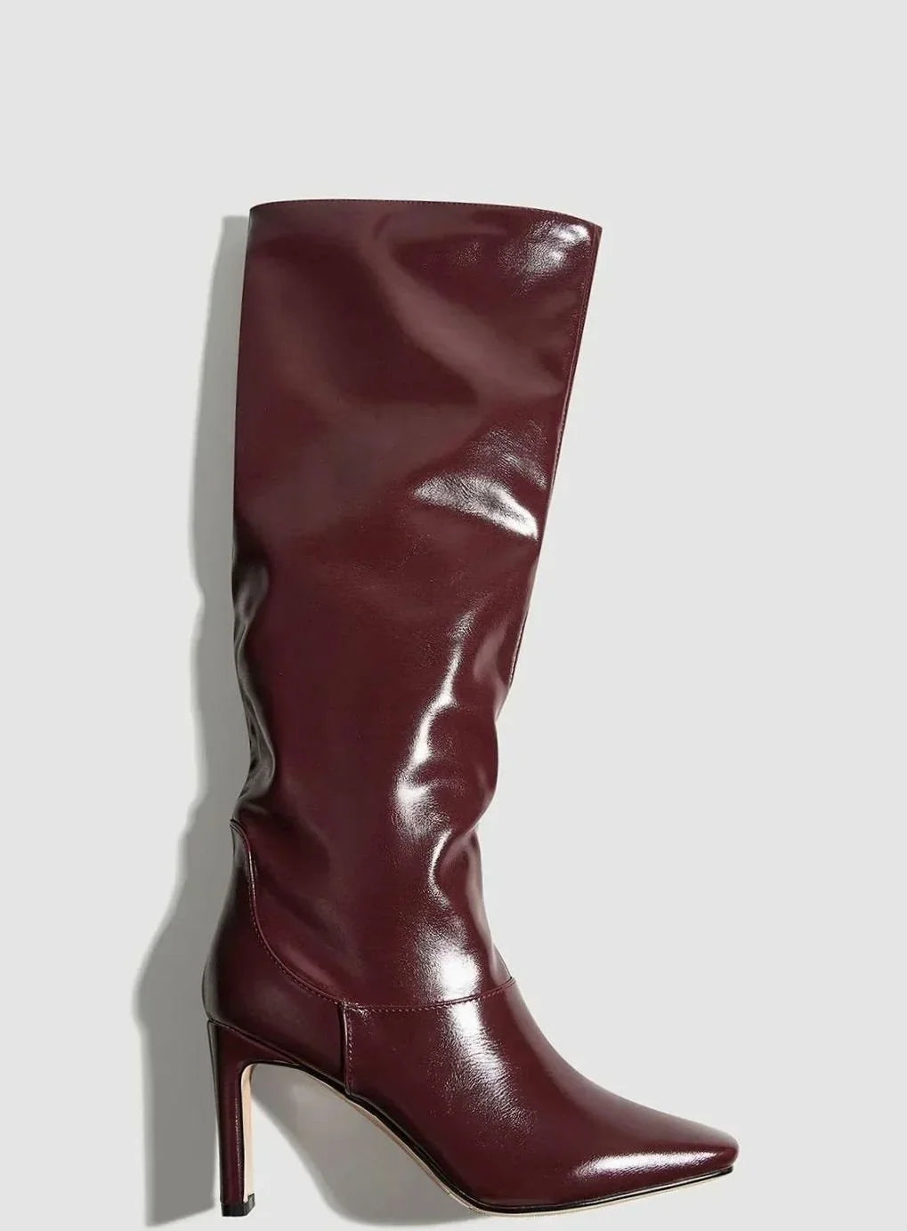 Burgundy Knee High Boots for Women – Square Toe Stiletto Heel Faux Leather Tall Boots, Fall Fashion Boots