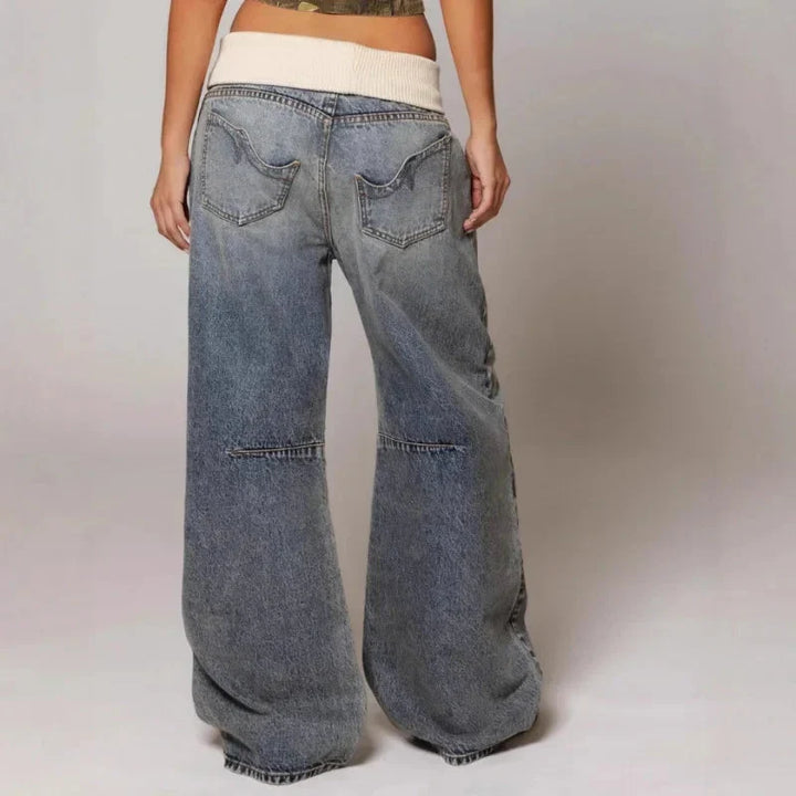 Effortless Light Blue Denim Wide Leg Jeans for Women with Ribbed Knit Waistband Low Rise Baggy Relaxed Style