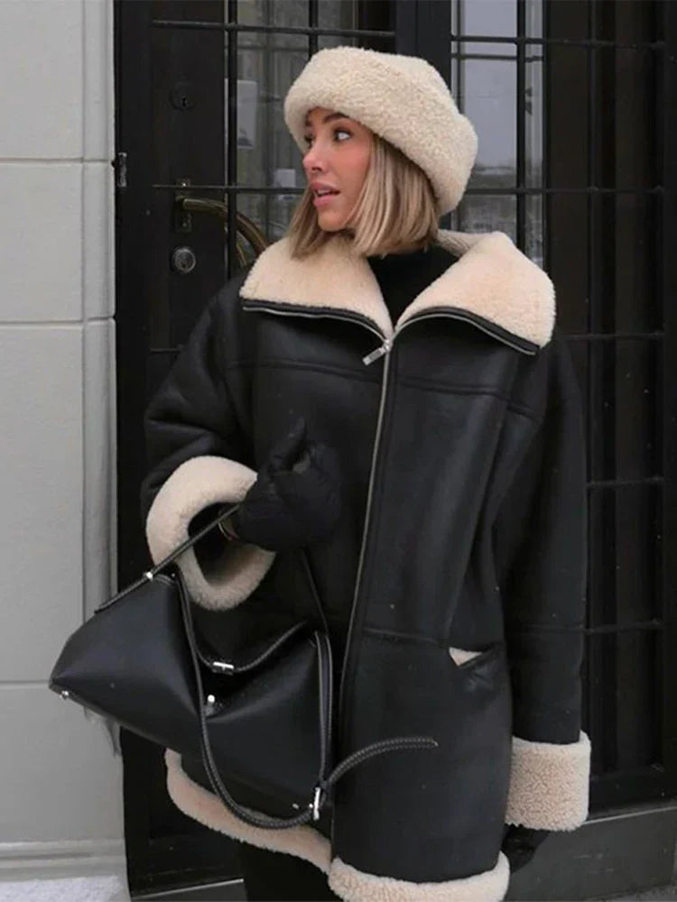 Black Faux Leather Jacket for Women – Oversized Zip Front Moto Jacket with Faux Shearling Collar, Winter Jacket