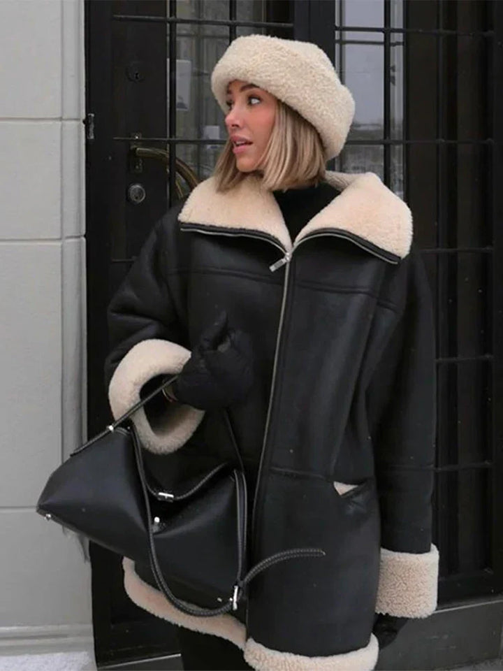 Black Faux Leather Jacket for Women – Oversized Zip Front Moto Jacket with Faux Shearling Collar, Winter Jacket