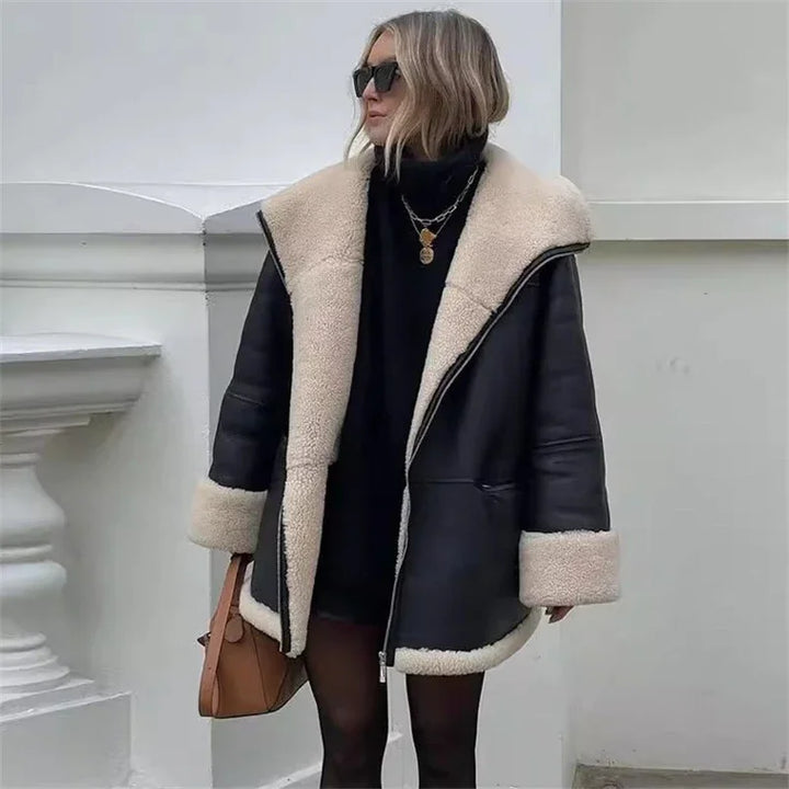Black Faux Leather Jacket for Women – Oversized Zip Front Moto Jacket with Faux Shearling Collar, Winter Jacket