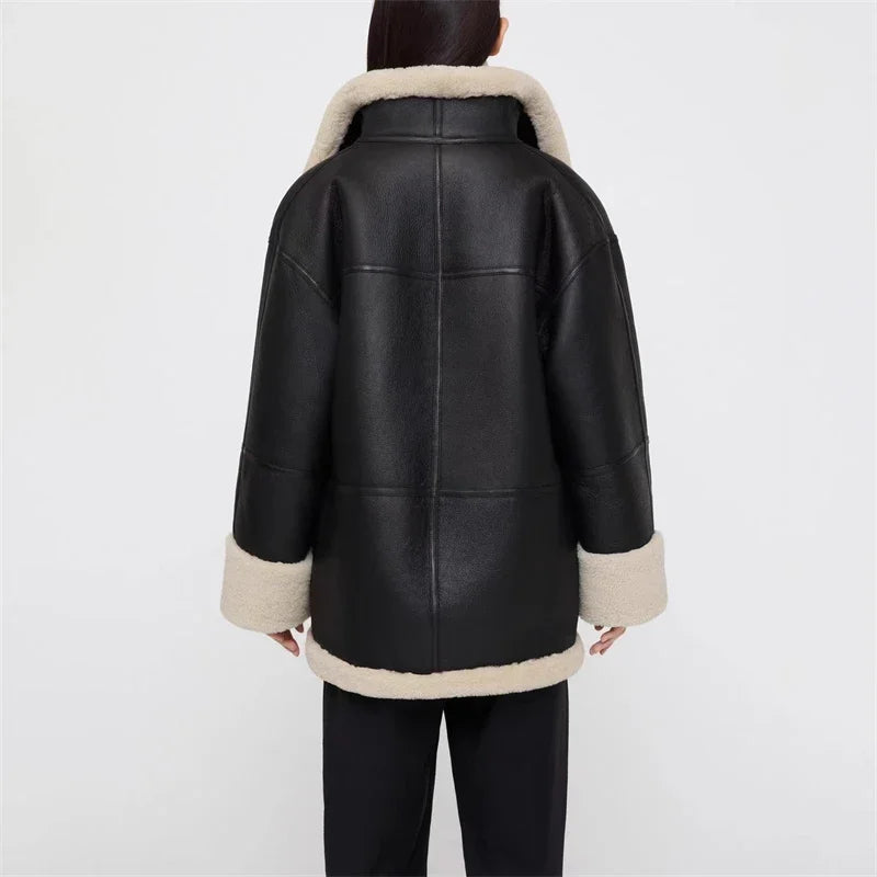 Black Faux Leather Jacket for Women – Oversized Zip Front Moto Jacket with Faux Shearling Collar, Winter Jacket
