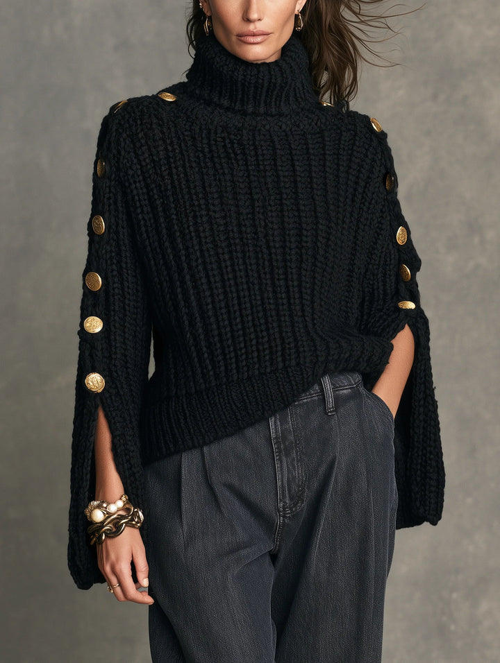Black Turtleneck Sweater for Women – Long Sleeve Knit Pullover with Button Sleeve Detail, Classic Fall Sweater
