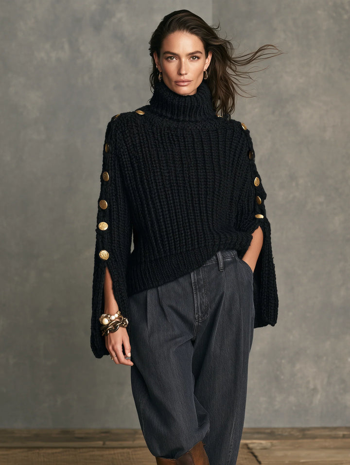Black Turtleneck Sweater for Women – Long Sleeve Knit Pullover with Button Sleeve Detail, Classic Fall Sweater