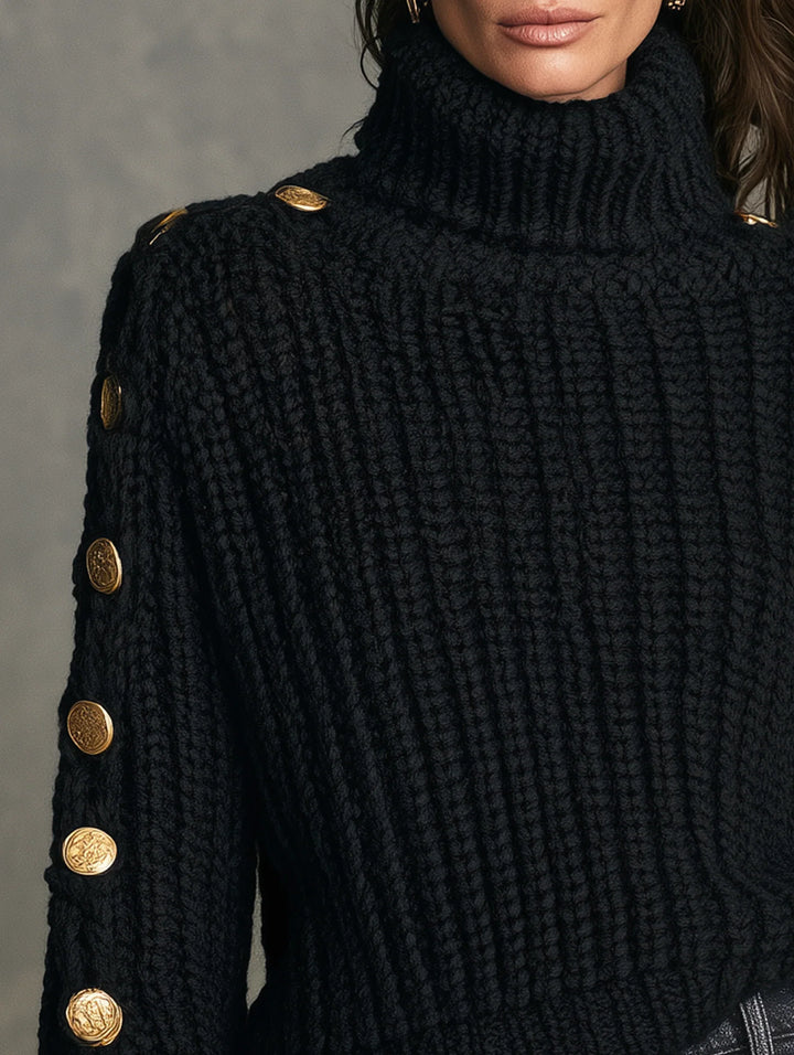 Black Turtleneck Sweater for Women – Long Sleeve Knit Pullover with Button Sleeve Detail, Classic Fall Sweater
