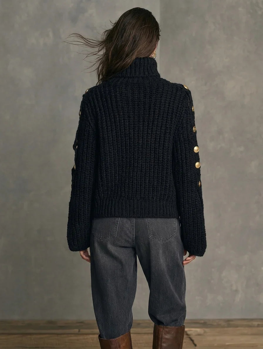 Black Turtleneck Sweater for Women – Long Sleeve Knit Pullover with Button Sleeve Detail, Classic Fall Sweater