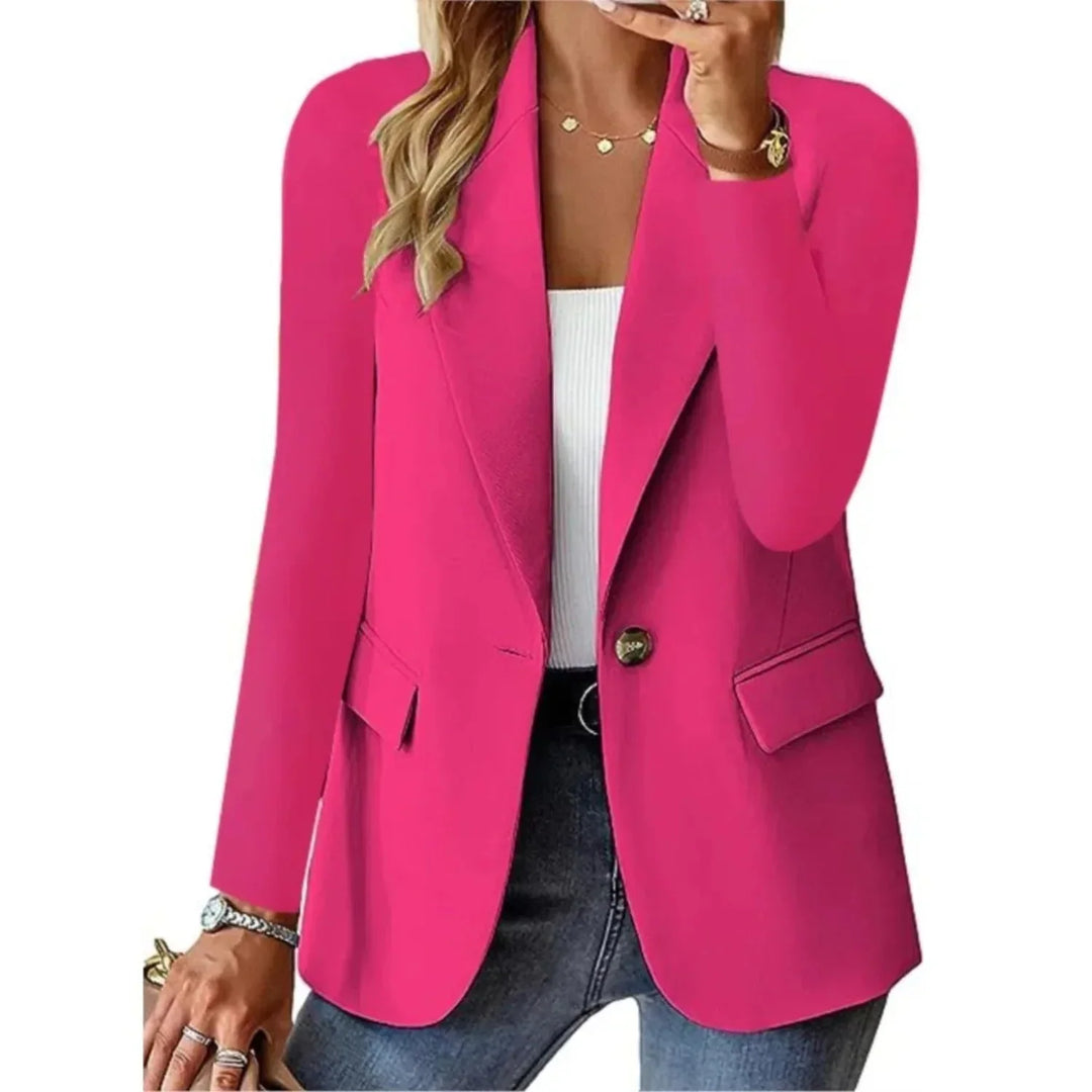 Single Button Blazer for Women – Notched Lapel Long Sleeve Work Jacket with Pockets, Office Blazer