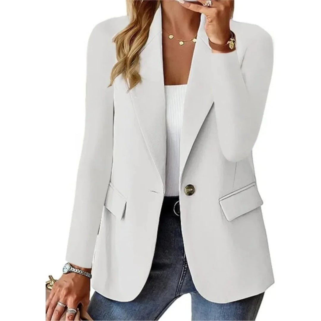 Single Button Blazer for Women – Notched Lapel Long Sleeve Work Jacket with Pockets, Office Blazer