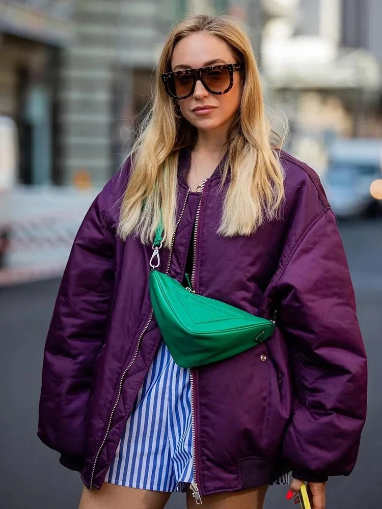 Oversized Quilted Bomber Jacket for Women – Zip Front Relaxed Fit Fall and Winter Jacket