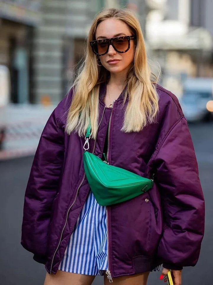 Oversized Quilted Bomber Jacket for Women – Zip Front Relaxed Fit Fall and Winter Jacket