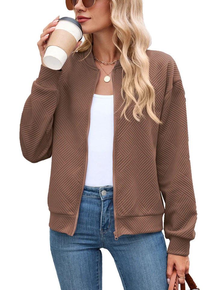 Bomber Jacket for Women – Textured Lightweight Zip Front Jacket with Round Neck, Casual Fall Layering Jacket
