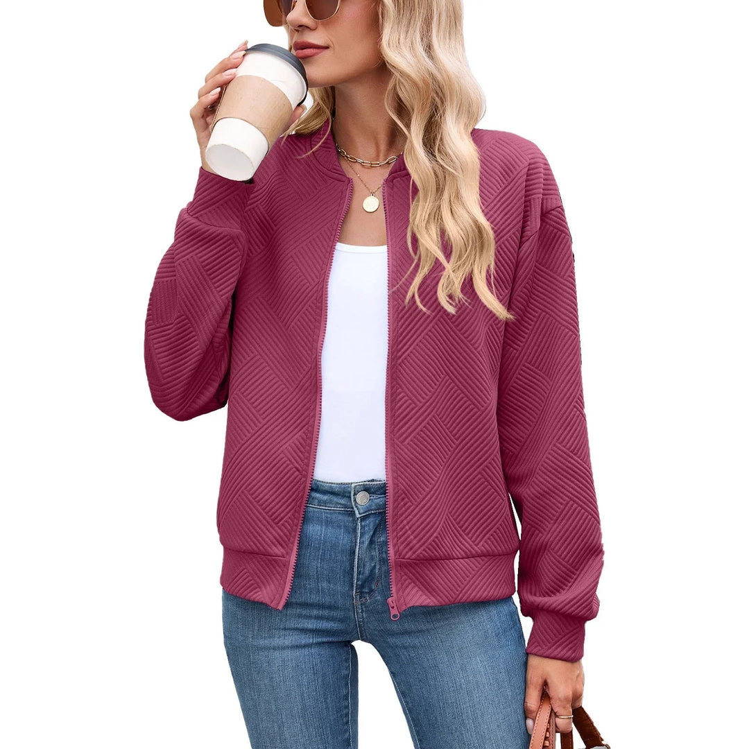 Bomber Jacket for Women – Textured Lightweight Zip Front Jacket with Round Neck, Casual Fall Layering Jacket