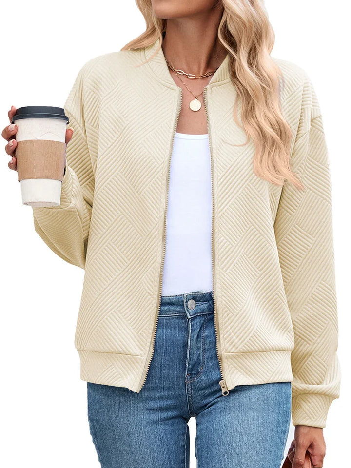 Bomber Jacket for Women – Textured Lightweight Zip Front Jacket with Round Neck, Casual Fall Layering Jacket