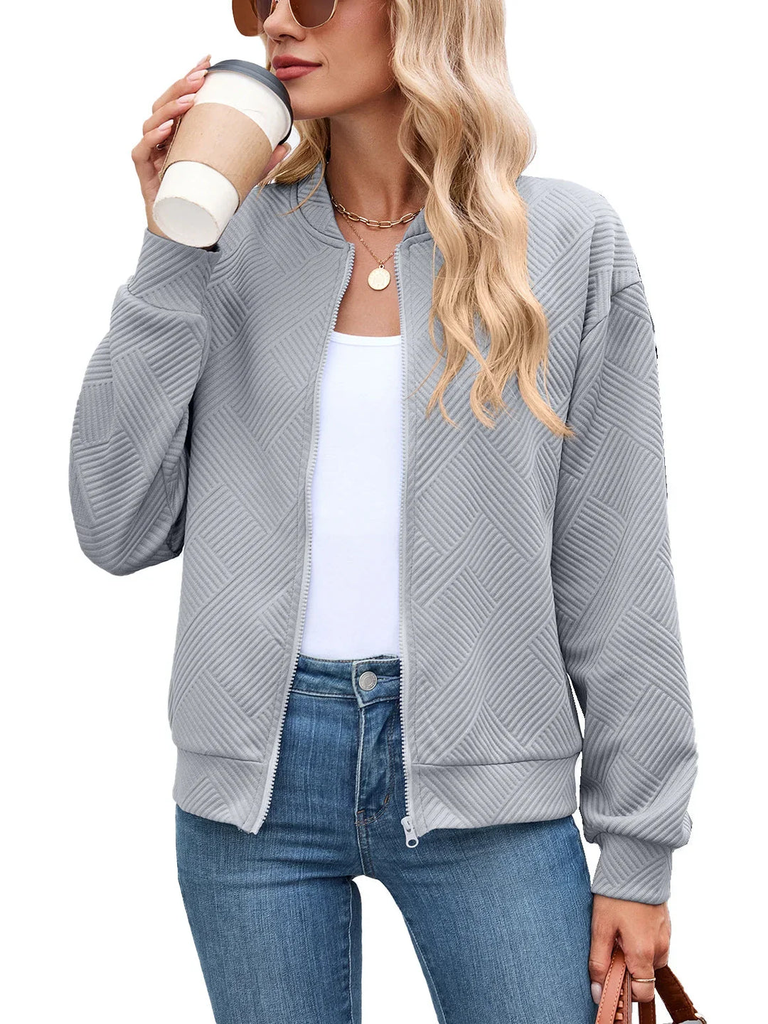 Bomber Jacket for Women – Textured Lightweight Zip Front Jacket with Round Neck, Casual Fall Layering Jacket