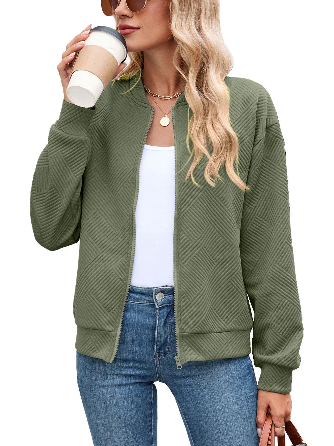 Bomber Jacket for Women – Textured Lightweight Zip Front Jacket with Round Neck, Casual Fall Layering Jacket
