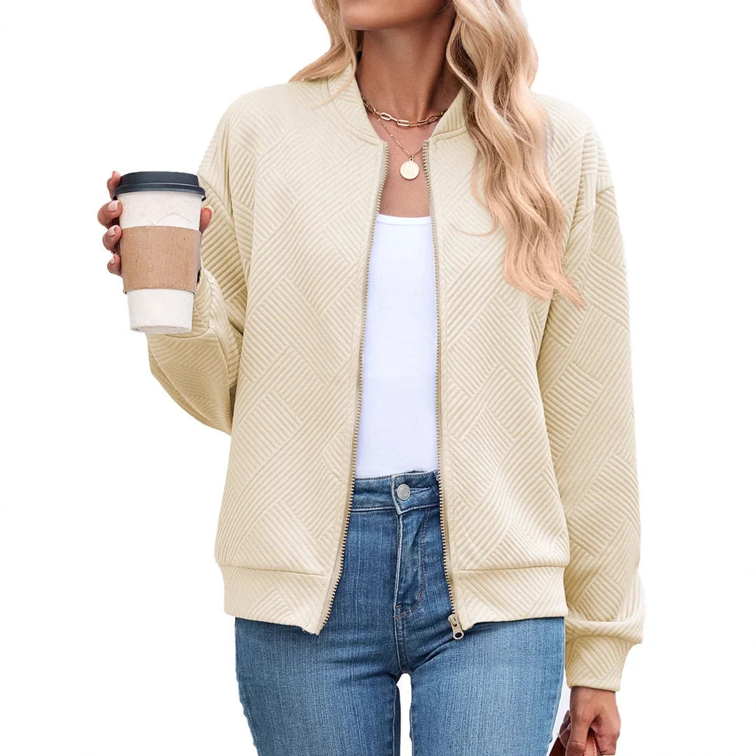 Bomber Jacket for Women – Textured Lightweight Zip Front Jacket with Round Neck, Casual Fall Layering Jacket