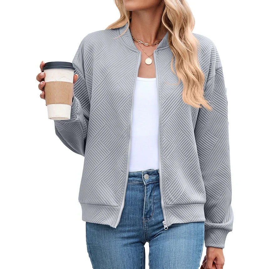Bomber Jacket for Women – Textured Lightweight Zip Front Jacket with Round Neck, Casual Fall Layering Jacket