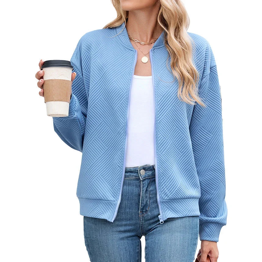 Bomber Jacket for Women – Textured Lightweight Zip Front Jacket with Round Neck, Casual Fall Layering Jacket