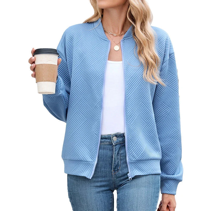 Bomber Jacket for Women – Textured Lightweight Zip Front Jacket with Round Neck, Casual Fall Layering Jacket
