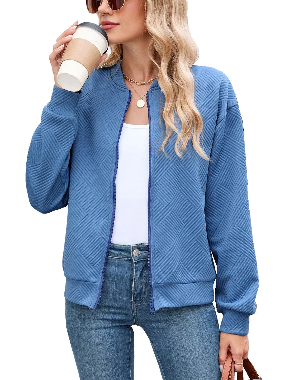 Bomber Jacket for Women – Textured Lightweight Zip Front Jacket with Round Neck, Casual Fall Layering Jacket