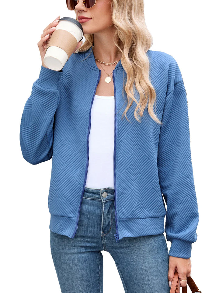 Bomber Jacket for Women – Textured Lightweight Zip Front Jacket with Round Neck, Casual Fall Layering Jacket