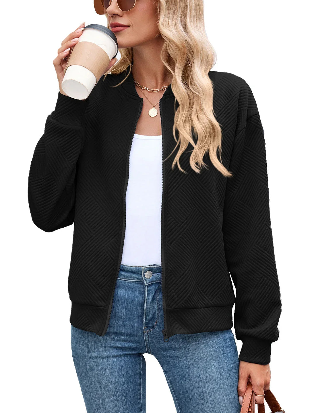 Bomber Jacket for Women – Textured Lightweight Zip Front Jacket with Round Neck, Casual Fall Layering Jacket