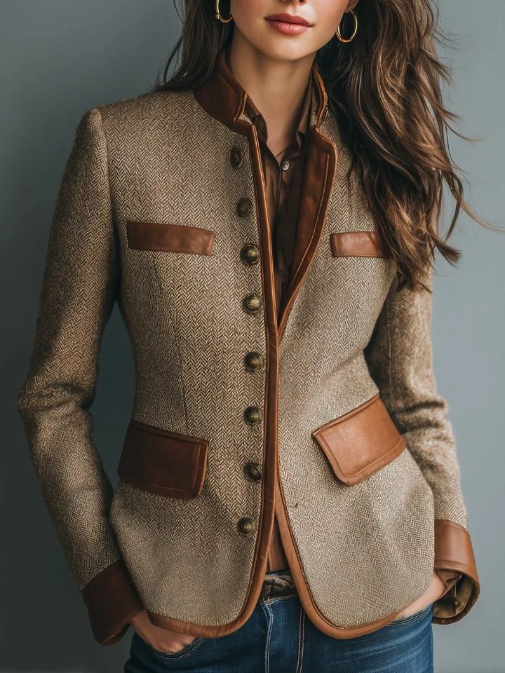 Tweed Blazer for Women – Brown Notched Lapel Button Front Jacket with Contrast Trim, Fall Office Blazer