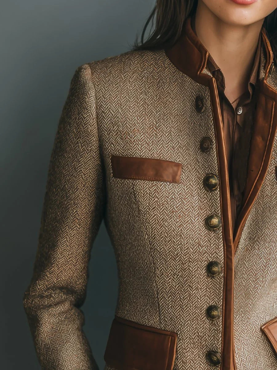 Tweed Blazer for Women – Brown Notched Lapel Button Front Jacket with Contrast Trim, Fall Office Blazer