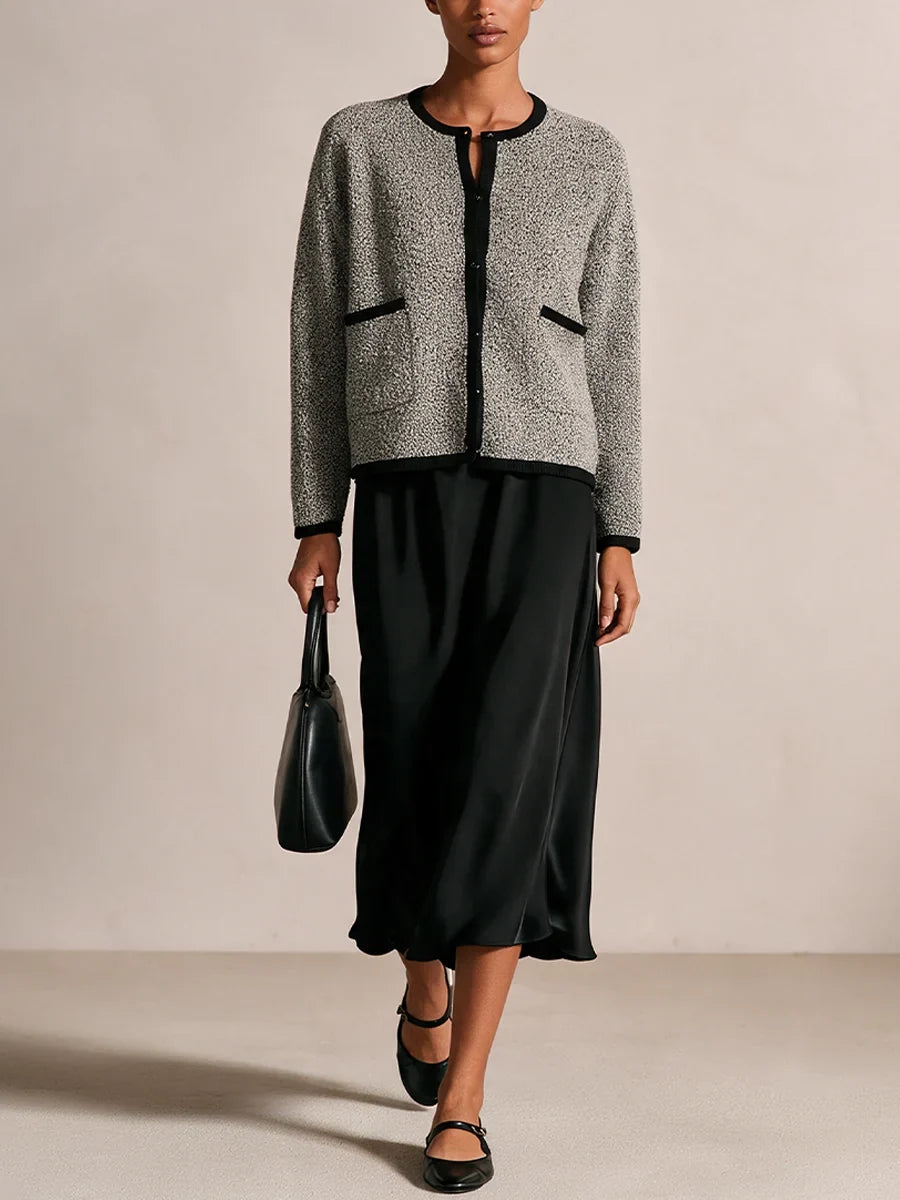 Two Piece Set for Women – Textured Knit Cardigan and Satin Midi Skirt, Elegant Matching Fall Outfit in Gray