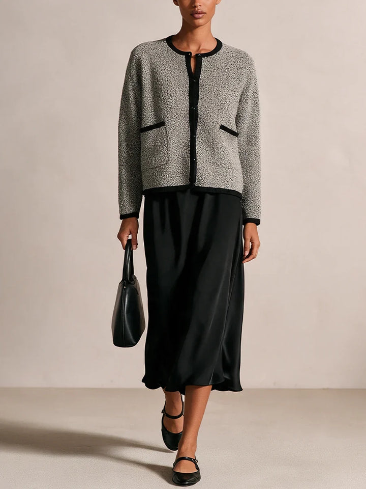 Two Piece Set for Women – Textured Knit Cardigan and Satin Midi Skirt, Elegant Matching Fall Outfit in Gray