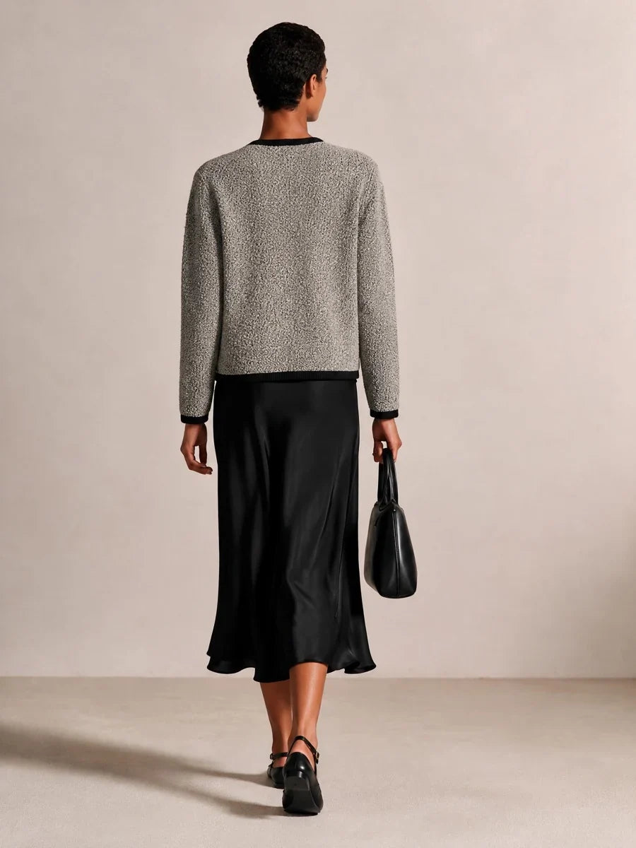 Two Piece Set for Women – Textured Knit Cardigan and Satin Midi Skirt, Elegant Matching Fall Outfit in Gray
